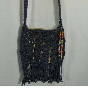 Macrame Blue Crossbody Purse Tassels Magnetic Closure Boho Hippie
